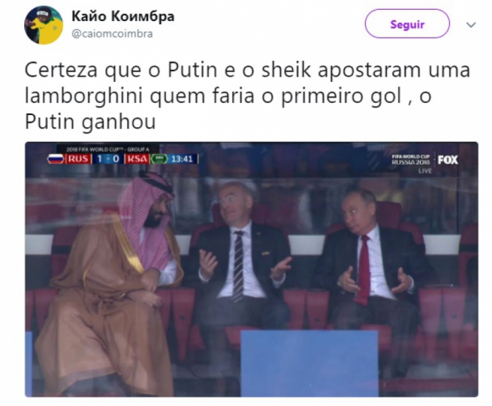Humor na Copa: Putin, Infantino e príncipe saudita após o gol da Rússia