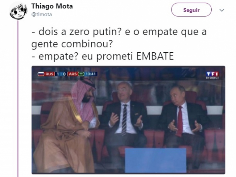 Humor na Copa: Putin, Infantino e príncipe saudita após o gol da Rússia