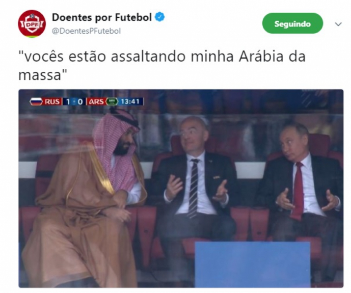 Humor na Copa: Putin, Infantino e príncipe saudita após o gol da Rússia