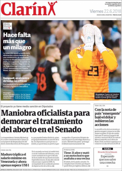 Capa Clarín - 22/06/2018
