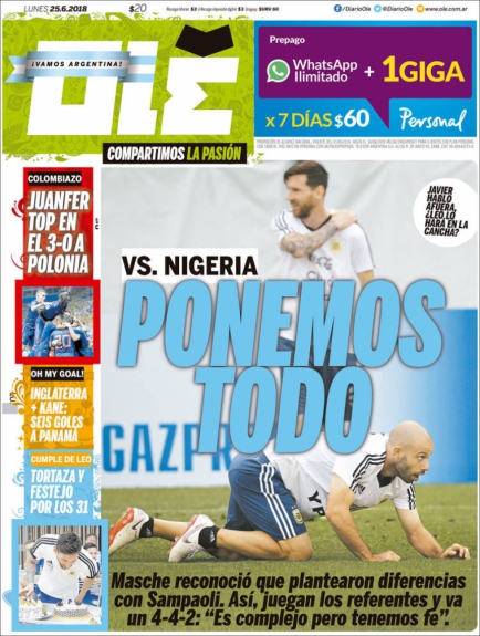 Capa Olé - 25/06/2018