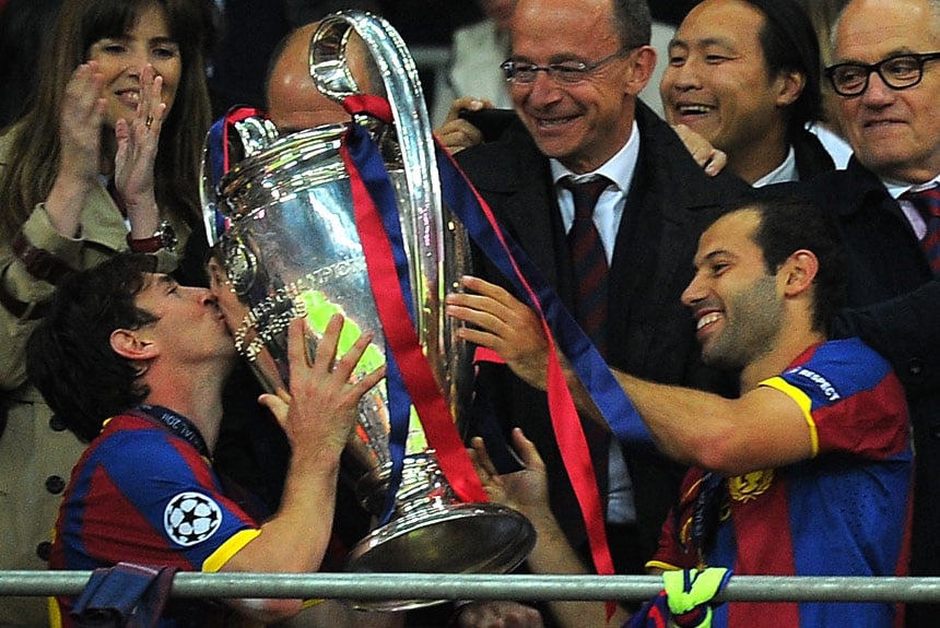 O argentino participou de quatro dos cinco títulos de Liga dos Campeões que o clube catalão conquistou. Na foto, celebra em Wembley na temporada 2010/2011.