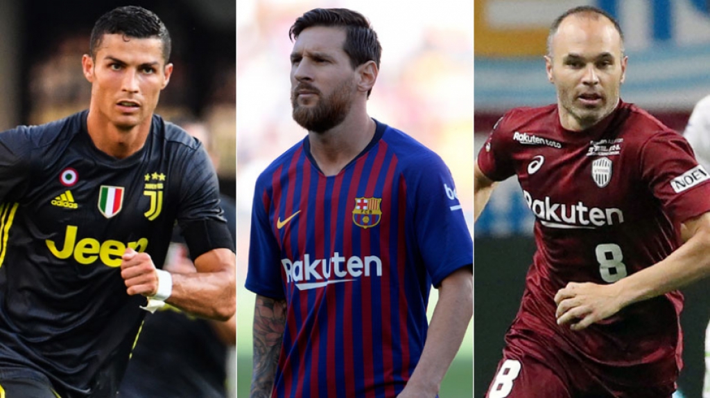 Montagem com Cristiano Ronaldo, Messi e Iniesta
