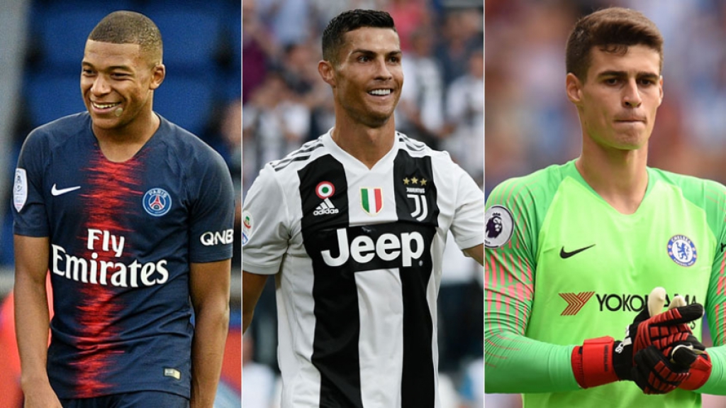 Montagem Mbappé, Cristiano Ronaldo e Kepa