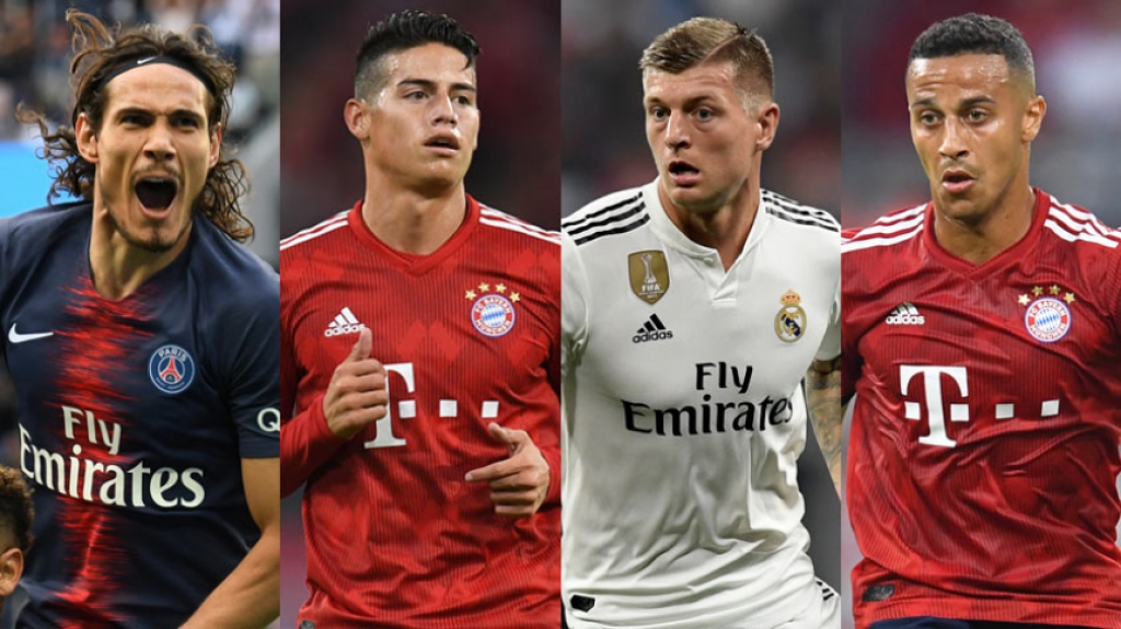 Montagem Cavani (PSG), James Rodríguez (Bayern de Munique), Kross (Real Madrid) e Thiago Alcantara (Bayern de Munique)