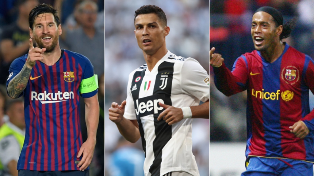 Montagem Messi, Cristiano Ronaldo e Ronaldinho Gaúcho (Barcelona)