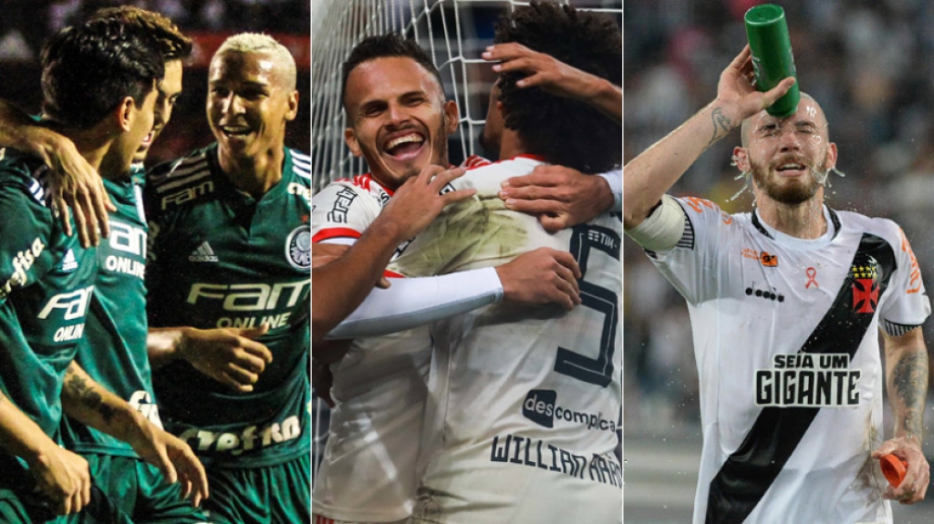 Montagem com fotos da 28ª rodada de Palmeiras, Flamengo e Vasco.