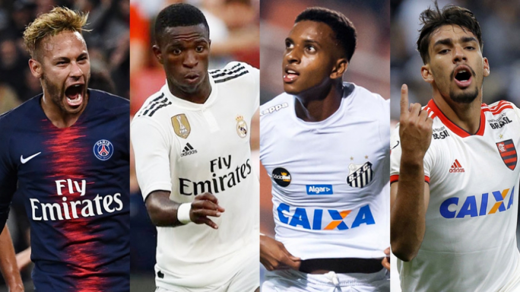 Montagem Neymar (PSG), Vinicius Jr (Real), Rodrygo (Santos) e Paquetá (Fla)