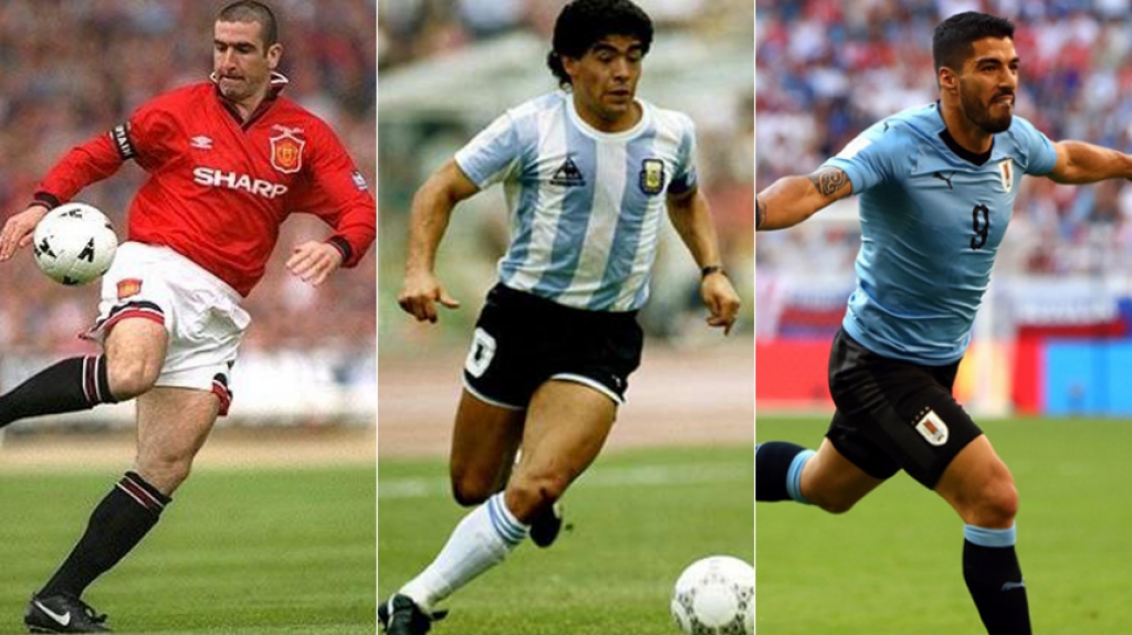 Montagem - Eric Cantona (Manchester United), Maradona (Argentina) e Suárez (Uruguai)