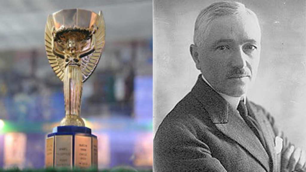 Montagem - Taça Jules Rimet (Copa do Mundo) ao lado de Jules Rimet