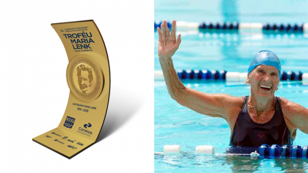 Montagem - Troféu Maria Lenk (Natação) ao lado da nadadora Maria Lenk