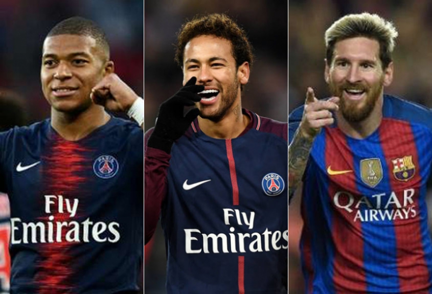 Montagem - Mbappé, Neymar e Messi