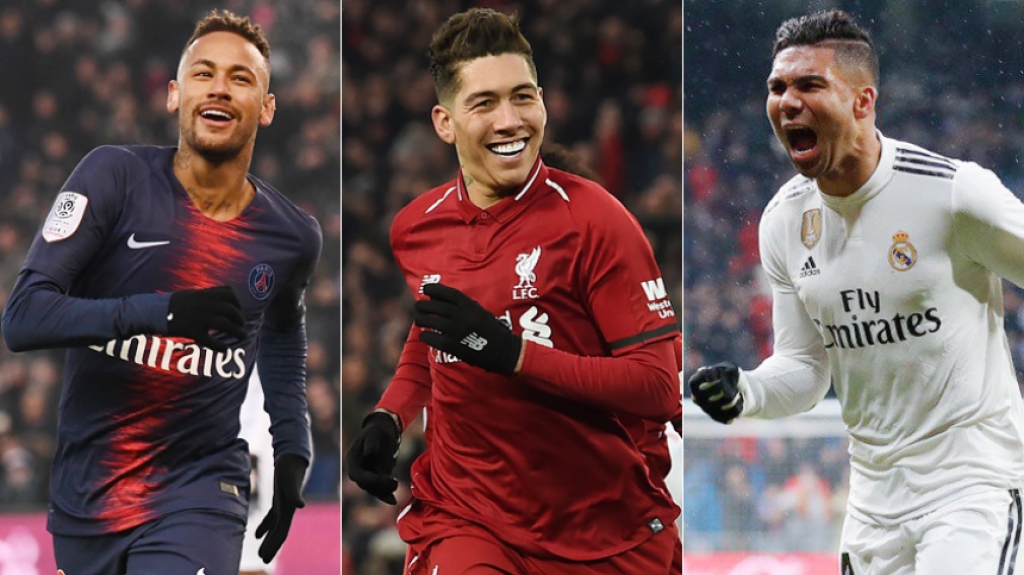 Montagem com Neymar (PSG), Firmino (Liverpool) e Casemiro (Real Madrid)