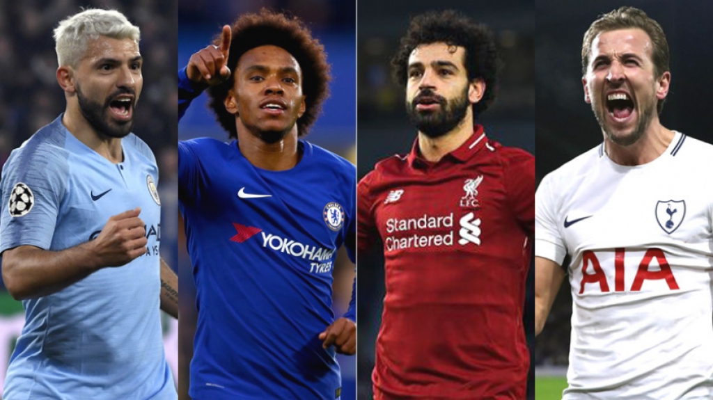 Montagem com Agüero (Manchester City), Willian (Chelsea), Salah (Liverpool) e Kane (Tottenham)