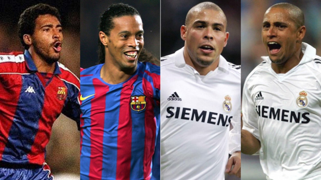 Montagem Ronaldinho (Barcelona), Romário (Barcelona), Ronaldo (Real Madrid) e Roberto Carlos (Real Madrid)