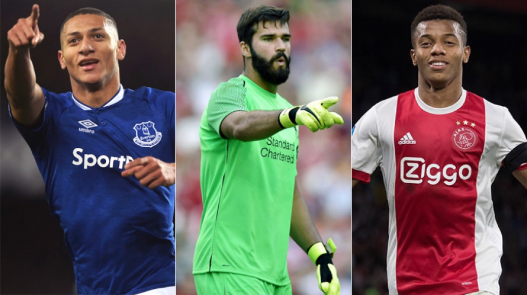 Montagem com Richarlison (Everton), Alisson (Liverpool) e David Neres (Ajax)