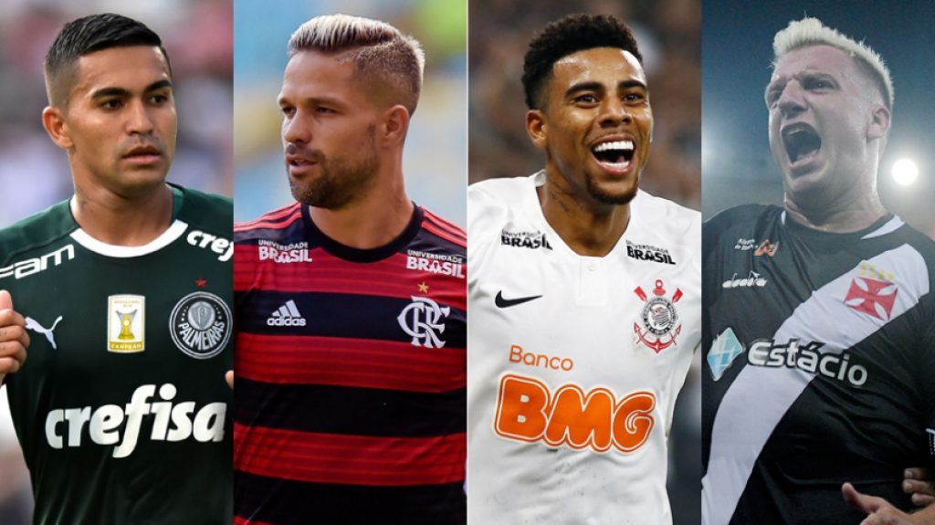 Montagem Palmeiras (Dudu), Flamengo (Diego), Corinthians (Gustagol) e Vasco (Maxi)