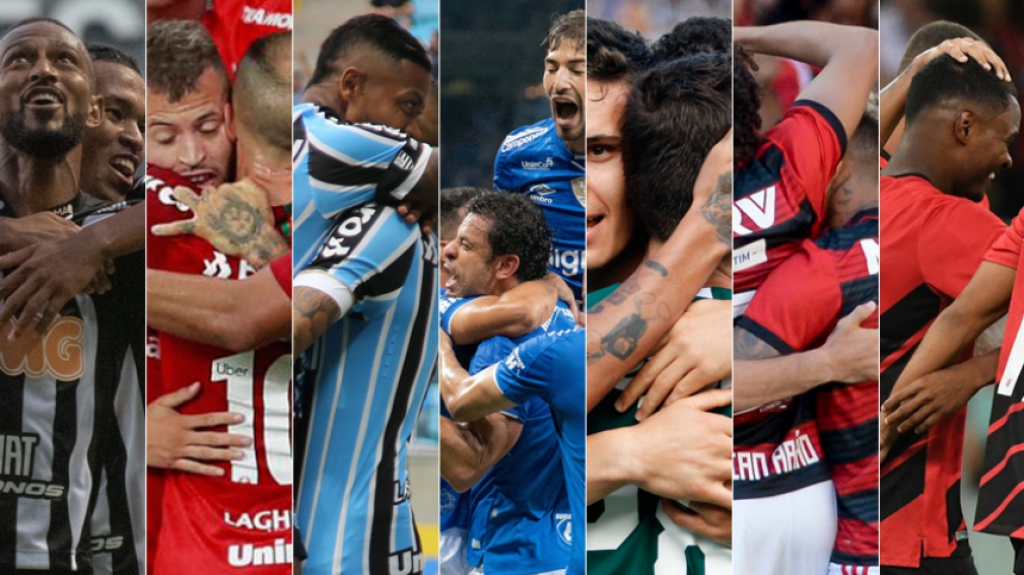 Montagem - Atlético-MG, Internacional, Grêmio, Cruzeiro, Palmeiras, Flamengo e Athletico-PR