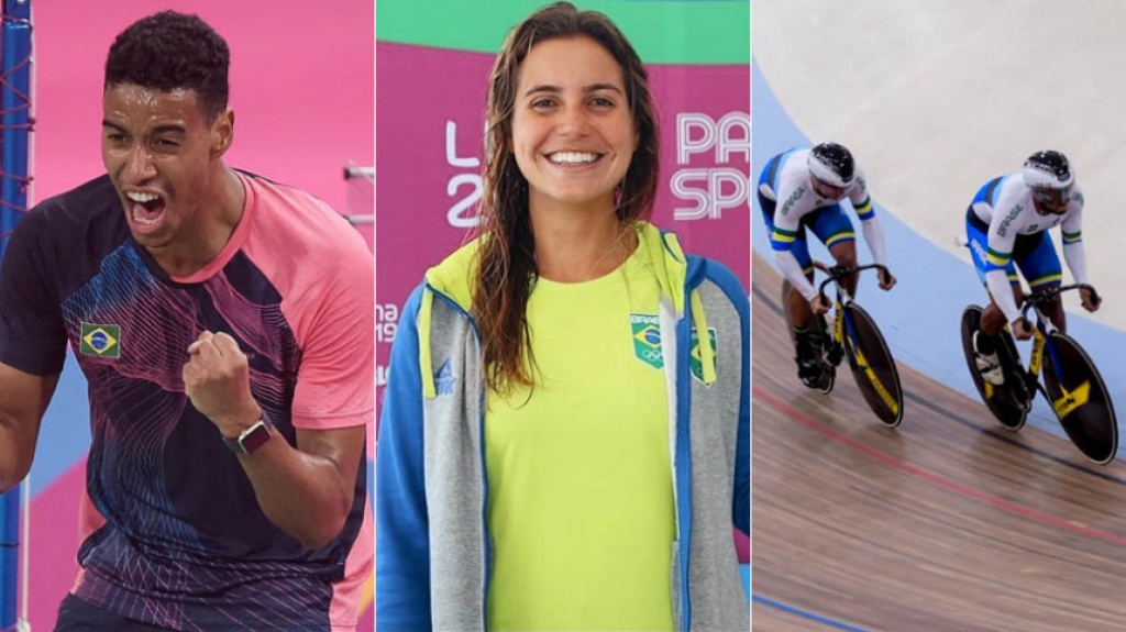 Montagem - Ygor Coelho (badminton), Chloe Calmon (surfe) e Time Brasil masculino de ciclismo