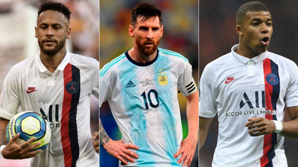 Montagem - Neymar, Messi e Mbappé