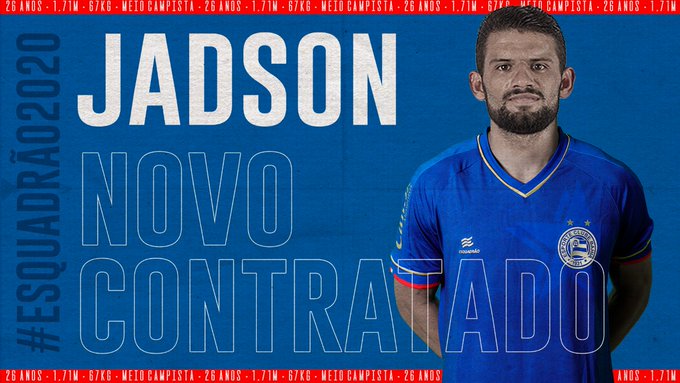 O volante Jadson foi emprestado pelo Cruzeiro ao Bahia até o fim da temporada. O contrato do jogador com a Raposa vai até o fim de 2021.