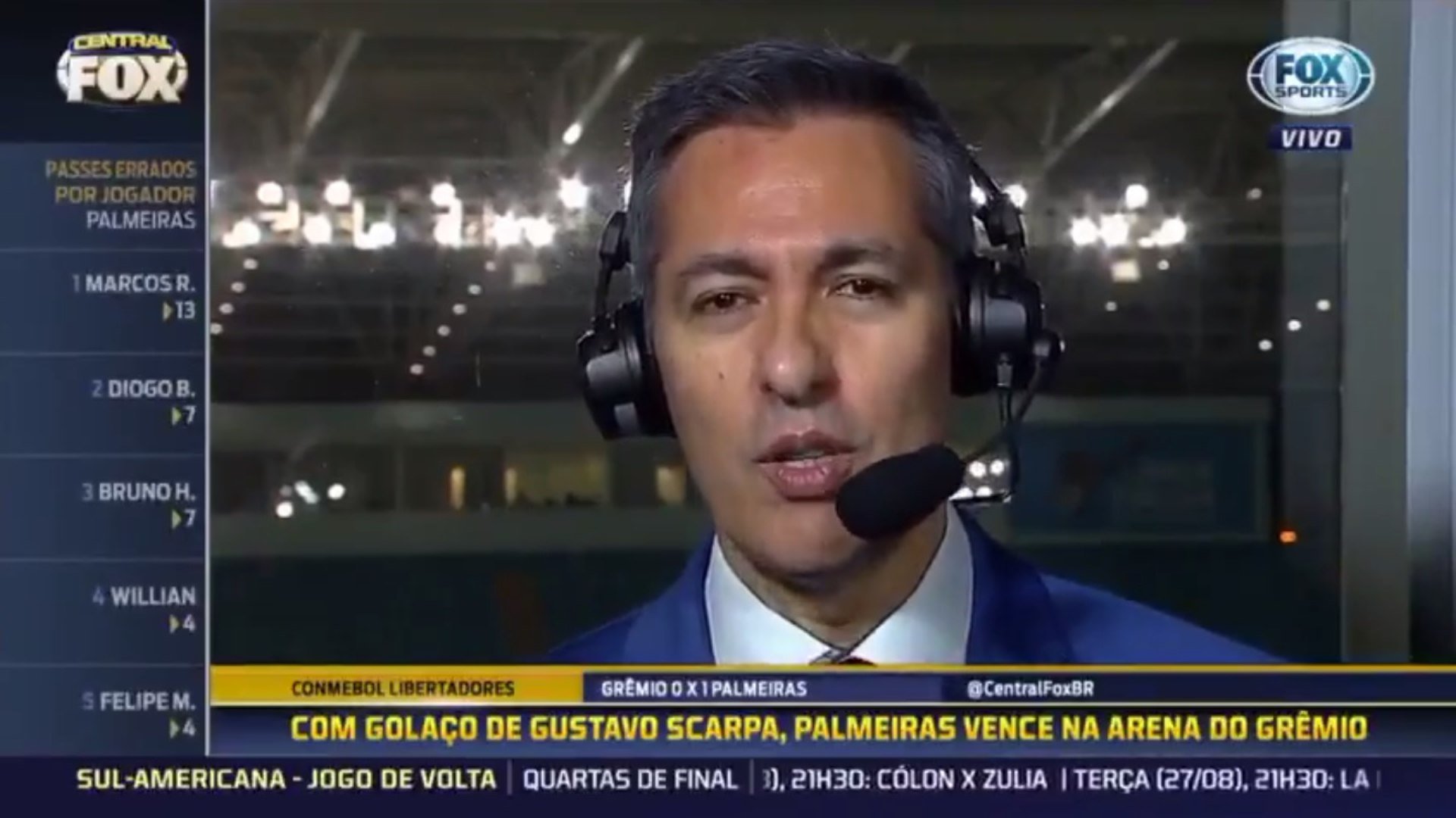 Após partida entre Grêmio e Palmeiras pela Libertadores de 2019, áudio de Nivaldo Prieto acabou vazando na transmissão do Fox Sports: "Grita comigo não! Eu quebro a sua cara". O narrador provavelmente estava falando com alguém da produção.