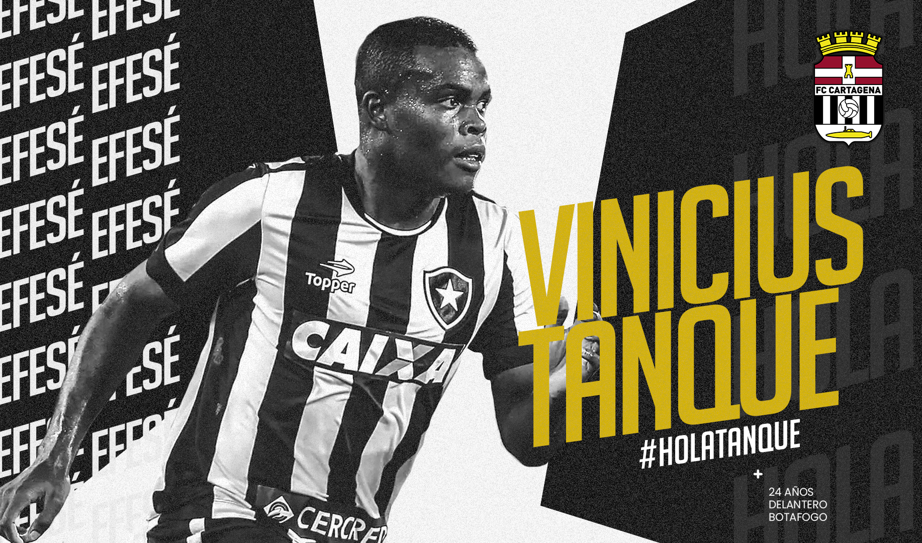 Outro ex-Botafogo que também foi anunciado pelo novo clube foi Vinícius Tanque. O centroavante, que já estava fora dos planos até do time reserva, treinava à parte e foi anunciado como novo reforço do Cartagena, que disputa a Segunda Divisão B, equivalente à terceira divisão local.