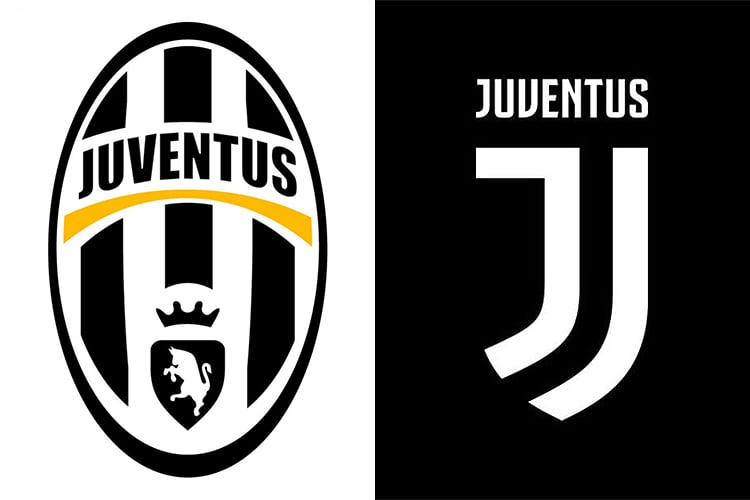 Juventus - O novo escudo da Juventus é composto por duas grafias da letra "J" que se complementam. Em cima delas, o nome Juventus aparece de forma simples. A mudança radical no escudo objetivou atingir novos públicos, segundo alegou a agremiação em 2017.