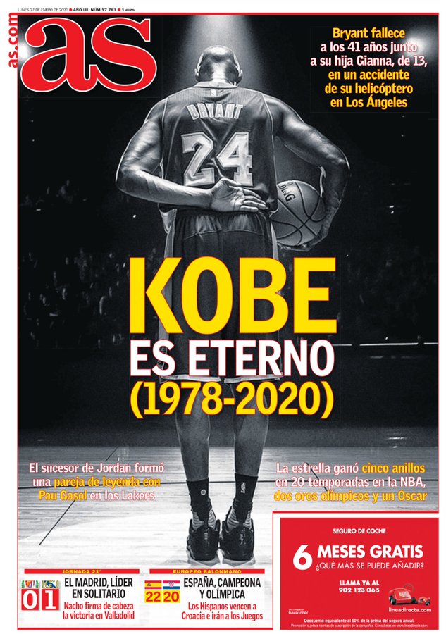 O diário espanhol escreveu "Kobe é eterno" em sua capa e lembrou que o astro formou uma parceria lendária com Pau Gasol nos Lakers.