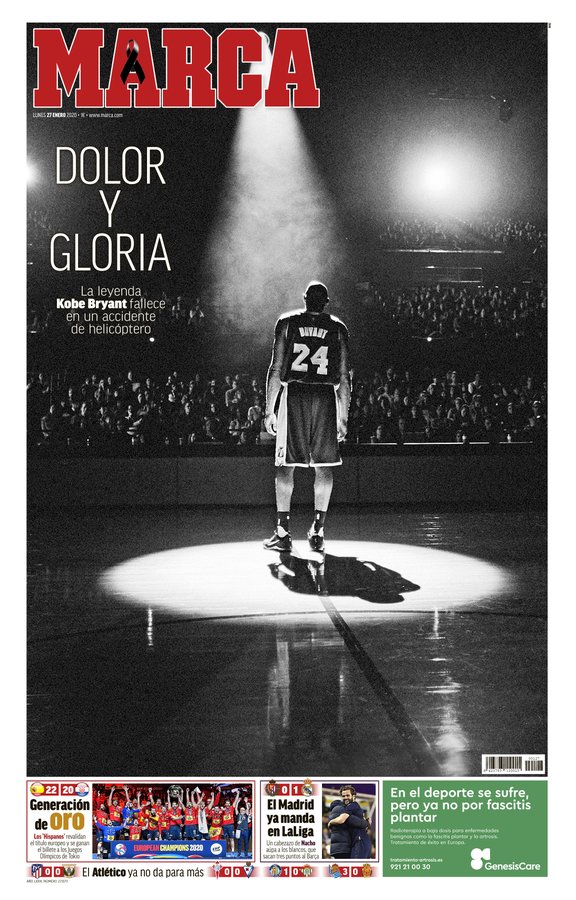 O periódico espanhol dedicou toda sua primeira página ao astro. Escreveu "Dor e glória" para prestar um tributo para Kobe.