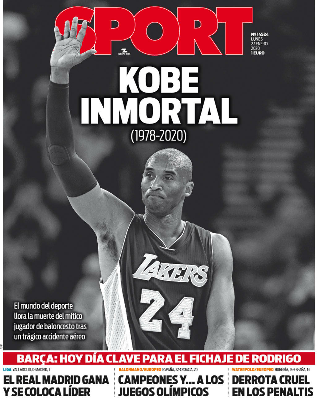 O diário "Sport", da Catalunha, denomina "Kobe Imortal". E destaca: "o mundo chora com a morte do mítico jogador de basquete".