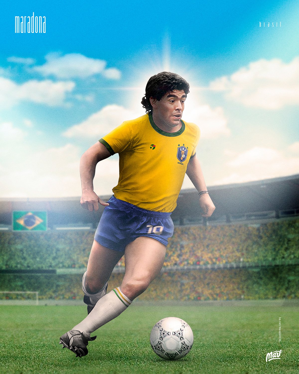 Maradona, ídolo na Argentina, com a camisa da Seleção Brasileira.