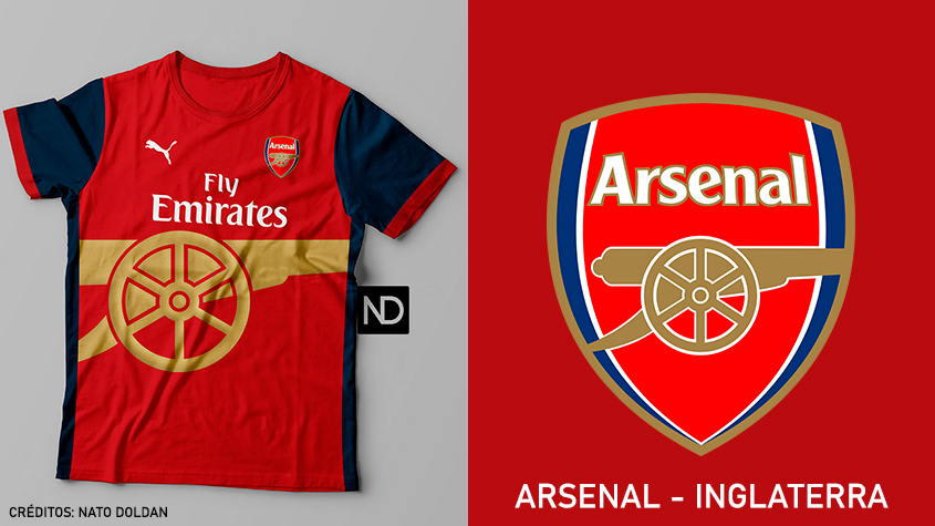 Camisas dos times de futebol inspiradas nos escudos dos clubes: Arsenal