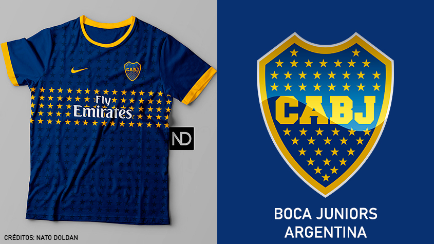 Camisas dos times de futebol inspiradas nos escudos dos clubes: Boca Juniors