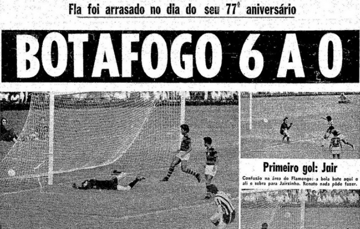Botafogo 6 x 0 Flamengo (Brasileiro 1972): No Brasileirão de 1972, o Botafogo aplicou a goleada histórica de 6 a 0 sobre o Flamengo, no dia do aniversário de 77 anos do rival. Os gols foram marcados por Jairzinho (3), Fischer (2) e Ferretti