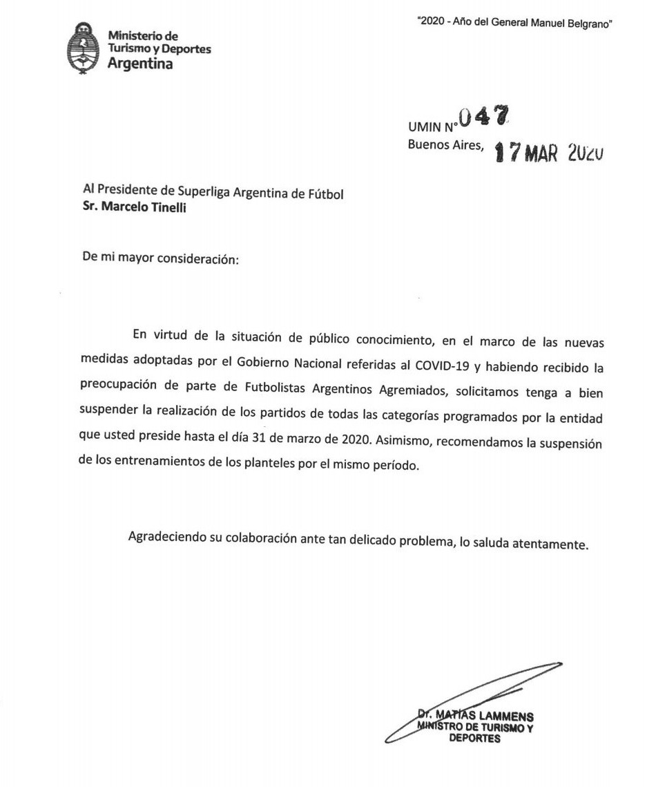 O governo argentino emitiu um comunicado suspendendo todo o futebol do país até o dia 31 de março.