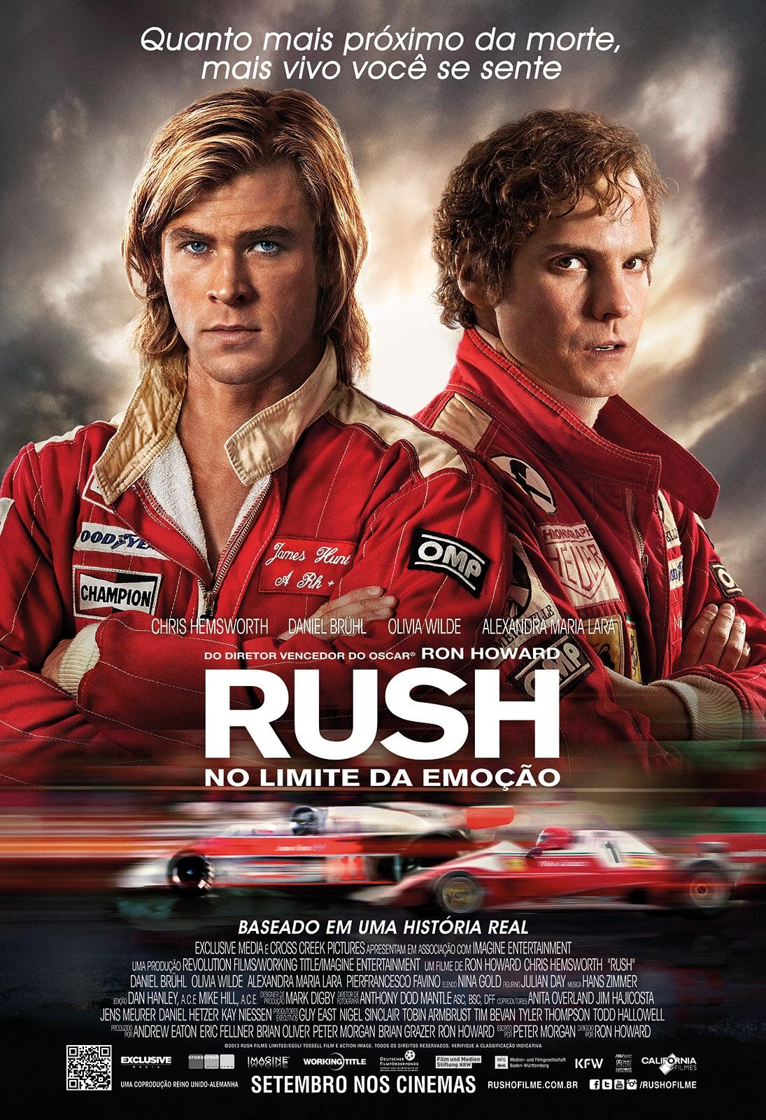‘Rush: no limite da emoção’ (2013) é um filme baseado na rivalidade entre Niki Lauda e James Hunt na temporada de 1976 da Fórmula 1. Os intérpretes dos pilotos são de Daniel Brühl e Chris Hemsworth, respectivamente.