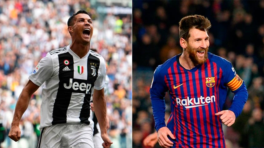 Temporada 2018/2019 - Cristiano Ronaldo (Juventus) 43 jogos oficiais e 28 gols x Messi (Barcelona) 50 jogos oficiais e 51 gols