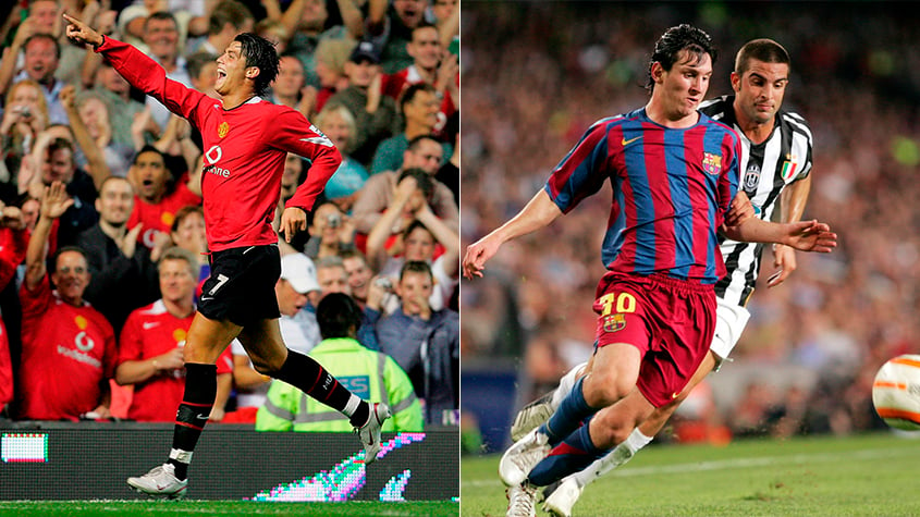 Temporada 2005/2006 - Cristiano Ronaldo (Manchester United) 47 jogos oficiais e 12 gols x Messi (Barcelona) 25 jogos oficiais e 8 gols