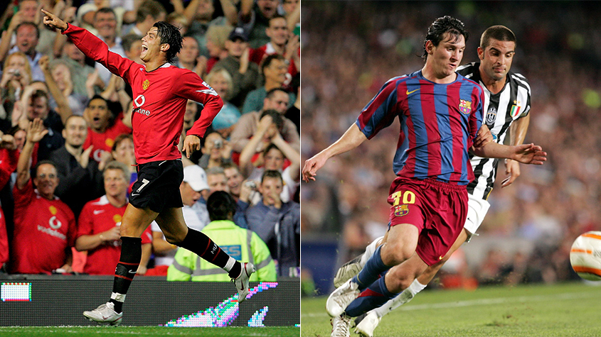 Temporada 2005/2006 - Cristiano Ronaldo (Manchester United) 47 jogos oficiais e 12 gols x Messi (Barcelona) 25 jogos oficiais e 8 gols