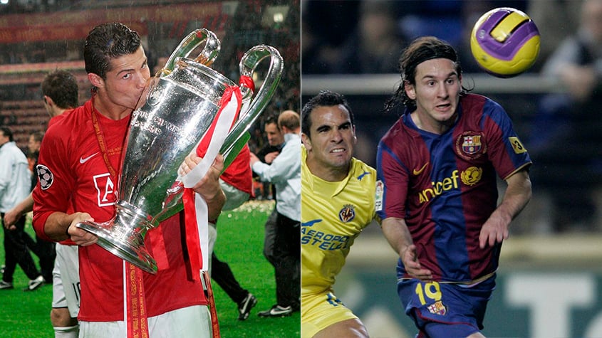 Temporada 2007/2008 - Cristiano Ronaldo (Manchester United) 49 jogos oficiais e 42 gols x Messi (Barcelona) 40 jogos oficiais e 16 gols