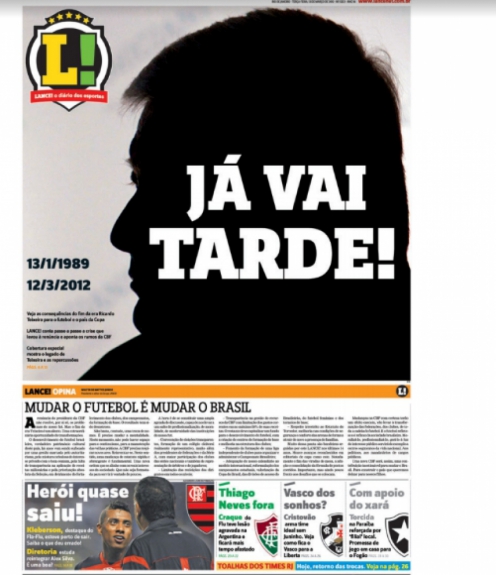 Após 23 anos, Ricardo Teixeira deixou o cargo de presidente da Confederação Brasileira de Futebol (CBF) - e, além disto, saiu de cena do Comitê Organizador Local da Copa do Mundo de 2014 (COL). Em março de 2012, o LANCE! mostrou passo a passo como foi a saída do dirigente e exigiu mudança de postura no futebol nacional.