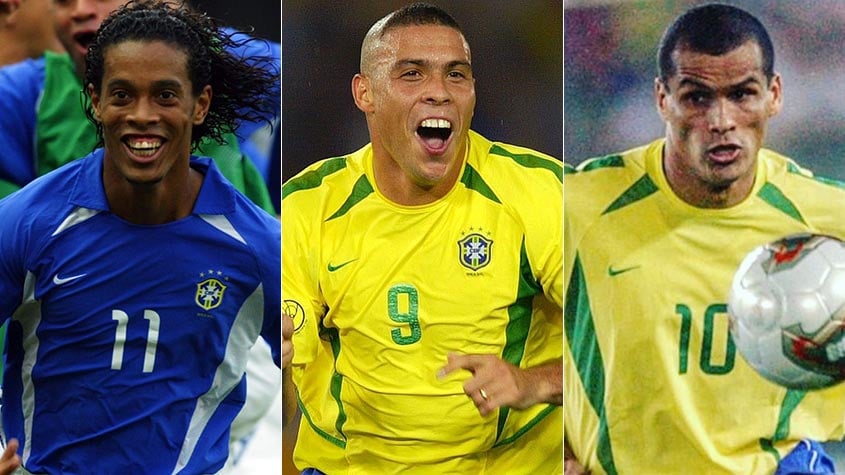 Trio Rivaldo, Ronaldinho e Ronaldo fatal: pelo menos um deles balançou as redes em cada um dos jogos do Brasil na Copa do Mundo 2002.