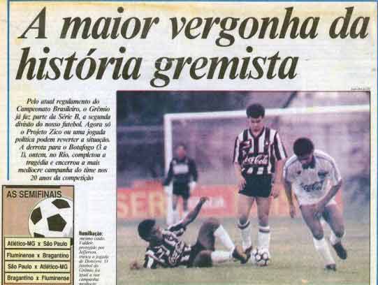 Com Valdir Espinosa como treinador, e Renato Gaúcho no elenco, mas se recusando a entrar em campo, o Botafogo impôs, no Caio Martins, uma das páginas mais tristes da história do Grêmio ao vencer os gaúchos por 3 a 1, no Brasileiro de 1991, e decretar o primeiro rebaixamento da história do rival.