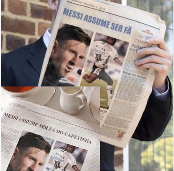 Outra polêmica que deu o que falar foi um post do Capetinha com uma montagem de um jornal onde dizia que Messi assumiu ser seu fã. "Com toda humildade muito obrigado meu amigo", publicou Edilson. 