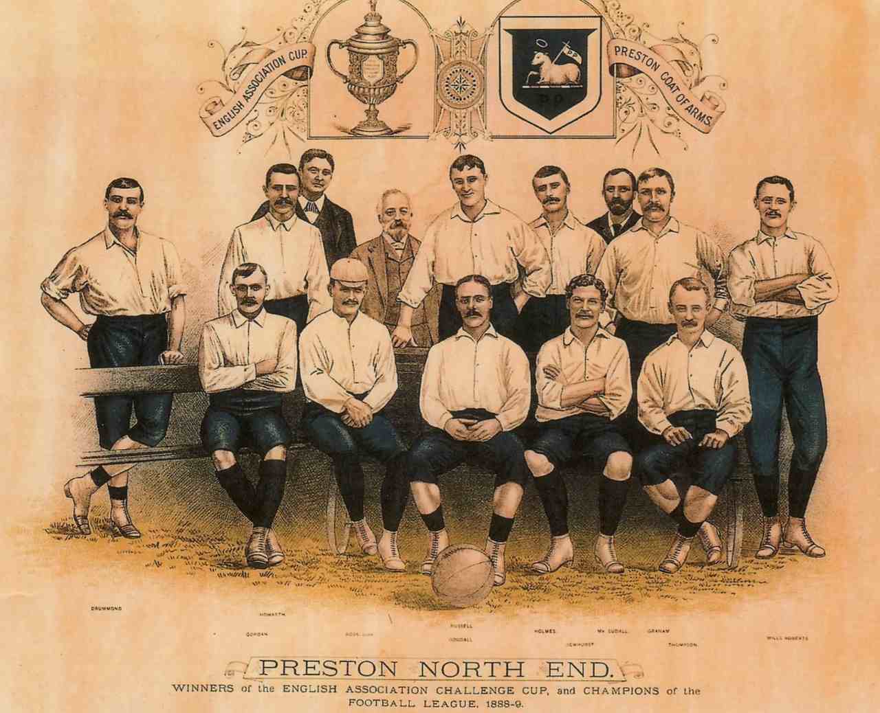 Preston North End - O Campeonato Inglês teve sua primeira edição no ano de 1889. Nela, o Preston foi campeão invicto. Os Lilywhites foram responsáveis pela criação da  liga inglesa de futebol (EFL).