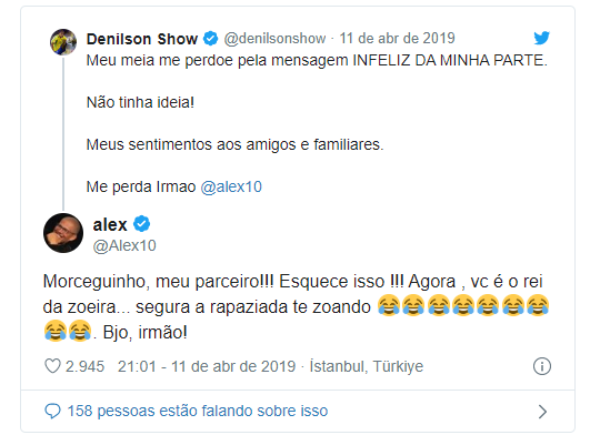 Denílson acabou cometendo uma gafe ao comentar uma postagem de Alex, zoando uma postagem em turco do ídolo do Fenerbahçe. Porém, minutos depois Alex respondeu esclarecendo que o assunto era sério e se tratava da morte de um 'dos grandes' do clube turco. Denílson apagou o post e pediu desculpas, e Alex acabou tranquilizando o amigo.