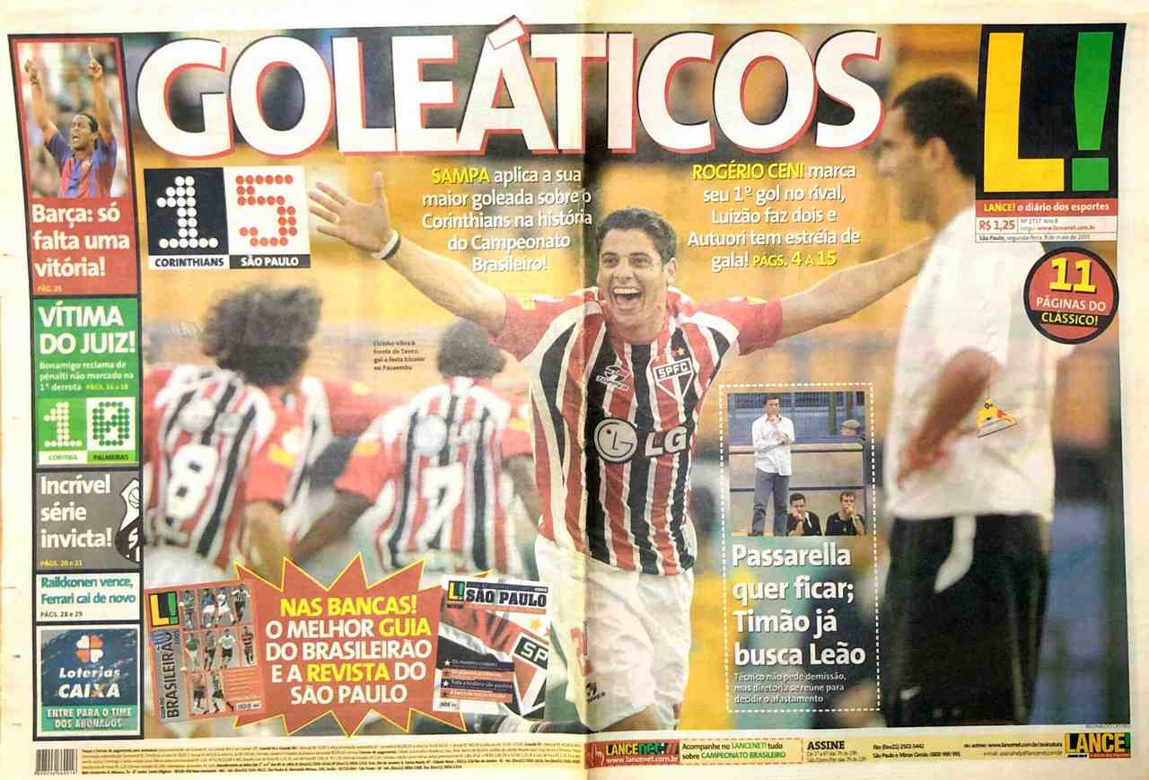 Há exatos 15 anos, em 8 de maio de 2005, Dia das Mães, o São Paulo goleou o Corinthians por 5 a 1 no Pacaembu. A manchete do L! no dia seguinte fazia alusão aos "Galácticos" do Parque São Jorge, atropelados pelos "Goleáticos" do Morumbi.