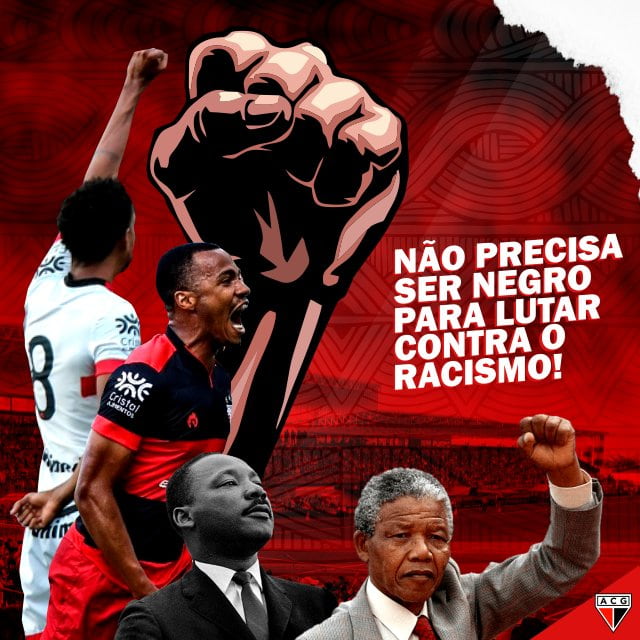 Usando hashtags do protesto, o Atlético-GO postou uma imagem com os dizeres ‘não é preciso ser negro para lutar contra o racismo’, além de postar três atletas negros que fizeram parte de sua história na corrente dos clubes: Valdeir, Pituca e Moacir.