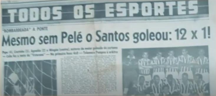 A geração que encheu os olhos dos torcedores do Santos garantiu a maior goleada da história da equipe. Em 1959, foram implacáveis 12 a 1 na Ponte Preta. Com um detalhe destacado pelos jornais: SEM PELÉ!